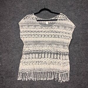 Vintage Y2K Crochet Boho Beach Gauze Sheer Top Coverup M Festival Cottage Fringe